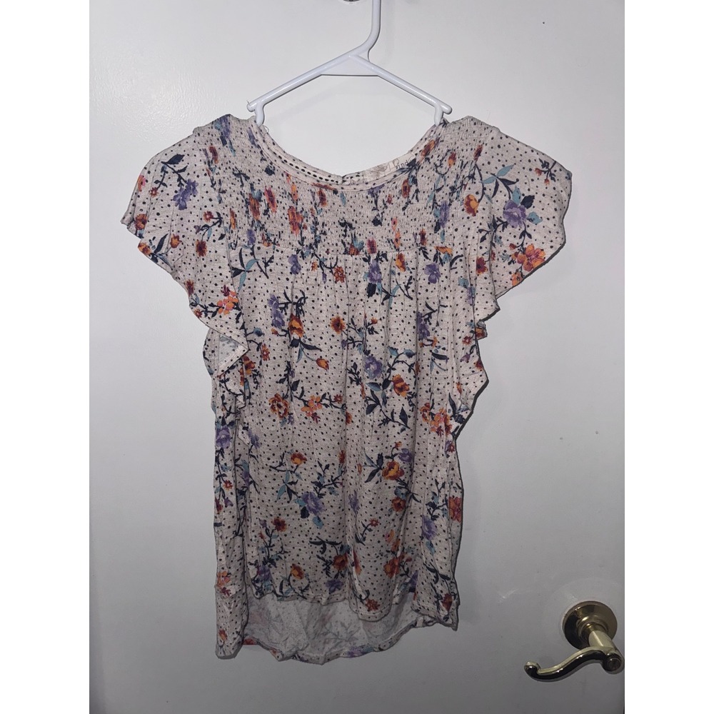 Rewind Floral Polka Dot Smocked Ruffle Sleeve Blouse Cream XS